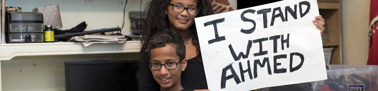 IRVING, TX - SEPTEMBER 17: Ahmed Mohamed (Front), a Texas Muslim teen arrested after taking his homemade clock to school, poses with his sister at his house in Irving, Texas on September 17, 2015. A Texas Muslim teen arrested after taking his homemade clock to school, on Wednesday accepted an invitation by President Barack Obama to show off his invention at the White House. (Photo by Bilgin S. Sasmaz/Anadolu Agency/Getty Images)