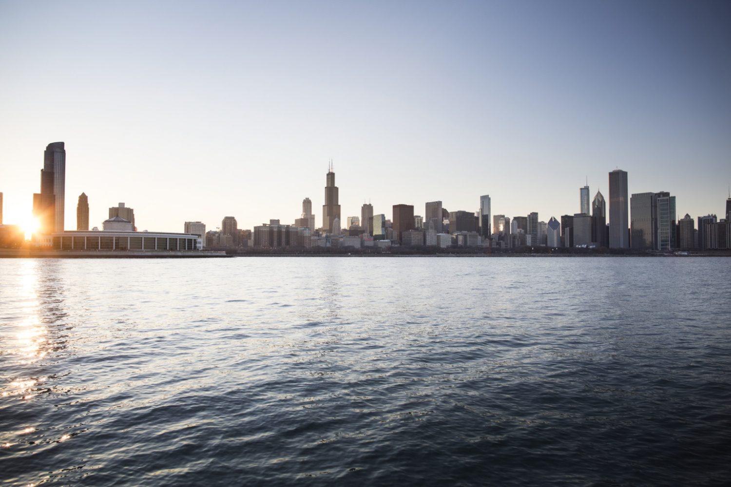 View+of+Chicago+Waterfront+Skyline+At+Sunset.