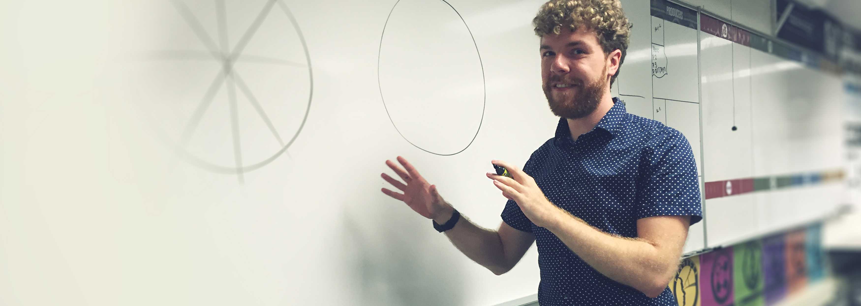 Fourth year yeacher Jason Mormolstein explains the benefits of square-cut versus triangular-cut pizza slices to his Images of Literature class.