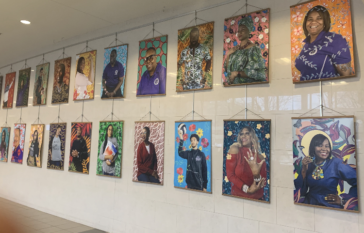 The front lobby hosts this years Black History Month art installation in celebration of our staff.  The inspiration for this portrait series is the work of Nigerian-American Painter, Kehinde Wiley. 