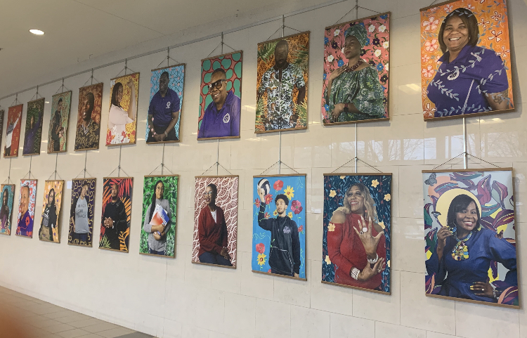 The front lobby hosts this year's Black History Month art installation in celebration of our staff.  The inspiration for this portrait series is the work of Nigerian-American Painter, Kehinde Wiley. 