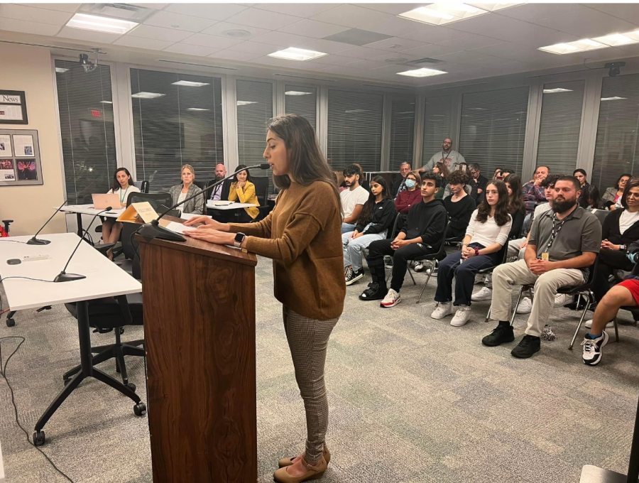 Niles North counselor Ms. Ramina Samuel talked about the New Assyrian language course proposal at the Board Meeting held on Oct. 11.