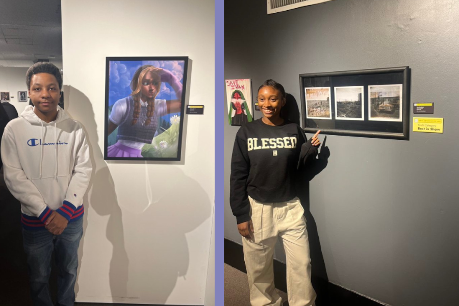 A.J. Brown and Kyla Henderson stand next to their artwork in the Black Creatives Juried Art Exhibition at the Museum of Science and Industry 