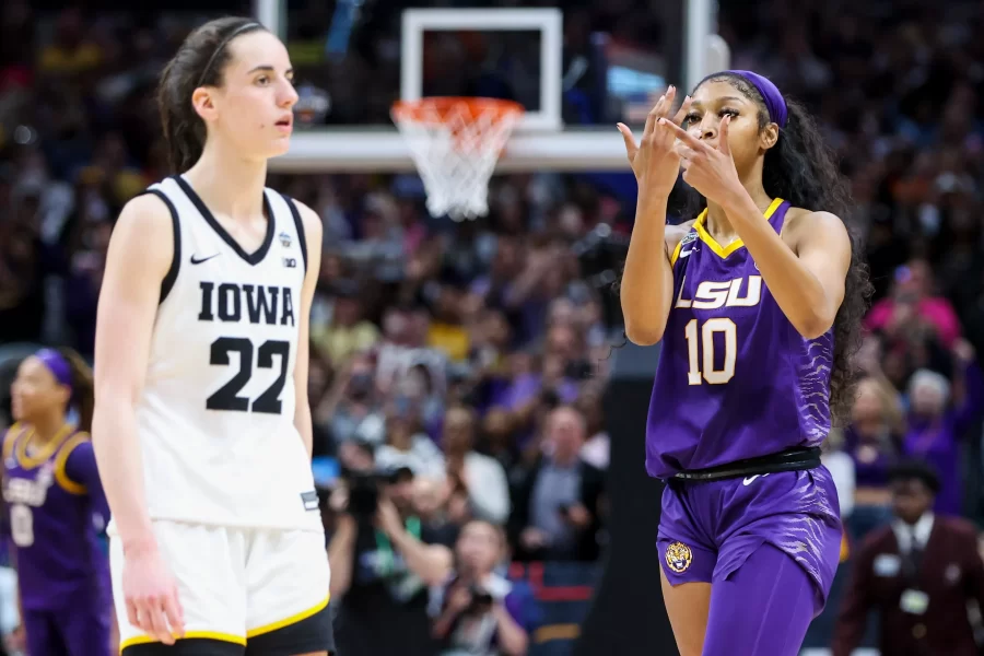 LSU star Angel Reese taunts Iowa star Caitlin Clark during the final moments of the final game
