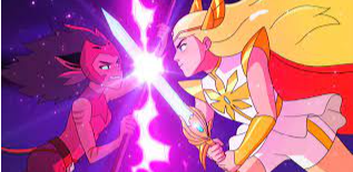 Adora and Catra locked in combat in the opening montage. Credited to Entertainment Magazine. 