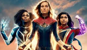 Monica Rambeau, Carol Danvers, and Kamala Khan in The Marvels promotional poster. Credited to Popverse.
