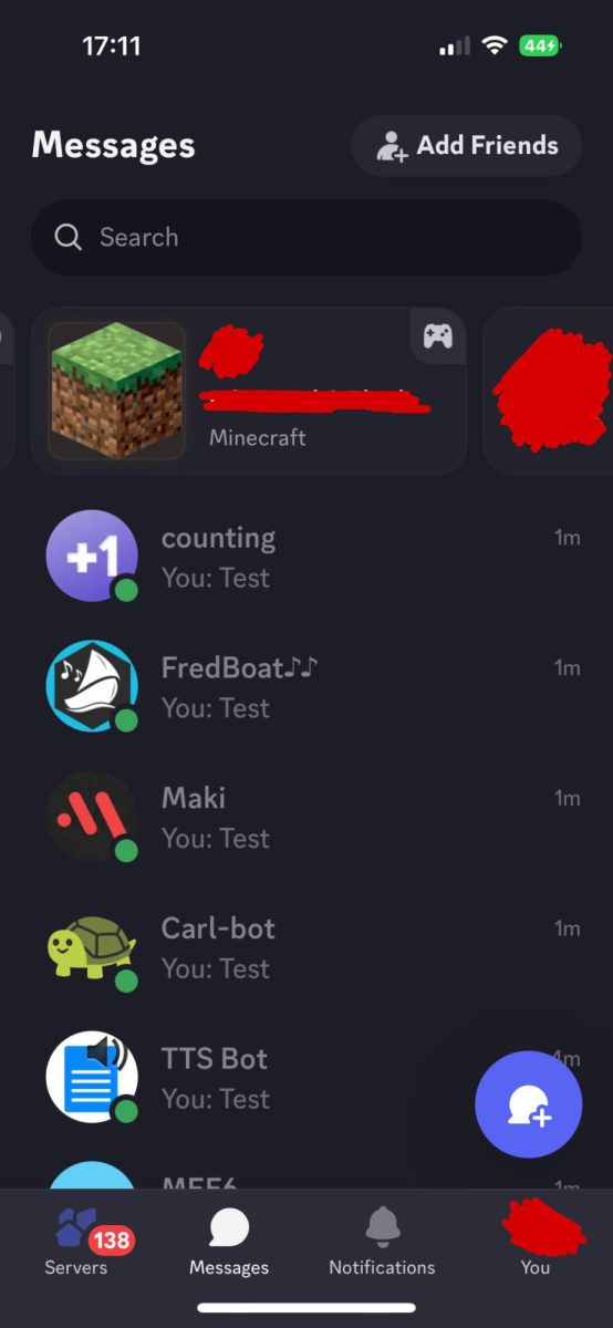 Discord mobile’s new messages tab (for iOS), featuring visible activity from other users and other accessible tabs