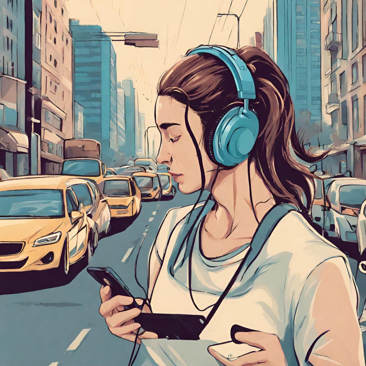 girl wearing headphones on her phone while crossing traffic