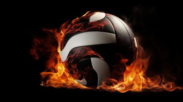 A volleyball ball on fire.
