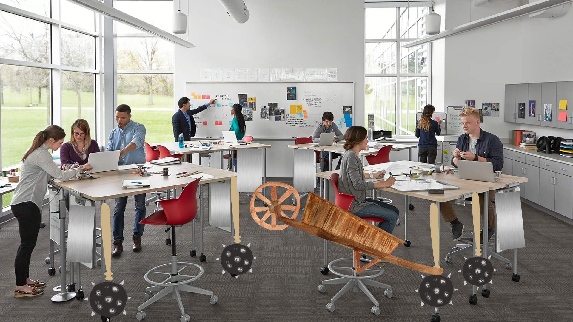 After the D615 school board voted to switch out the modern furniture to medieval furniture, wheel barrows, morning stars, and iron plates were installed.