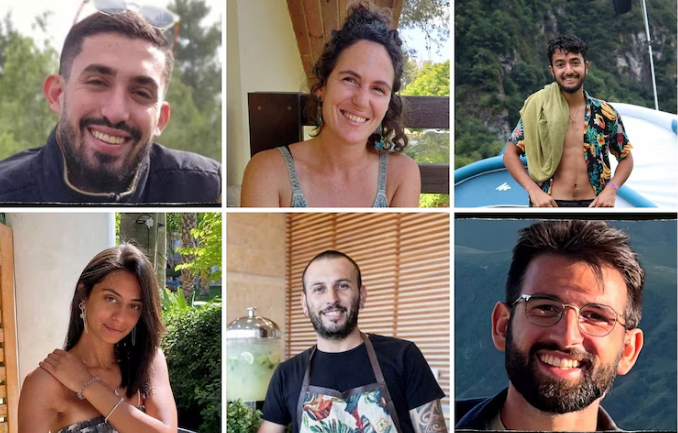 Clockwise from top left: Ori Danino, Carmel Gat, Hersh Goldberg-Polin, Eden Yerushalmi, Alexander Lobanov, and Almog Serusi, all of whom were found dead in Rafah, Gaza, on August 31. Image courtesy of ABC News via Bring Them Home Now via Reuters. 