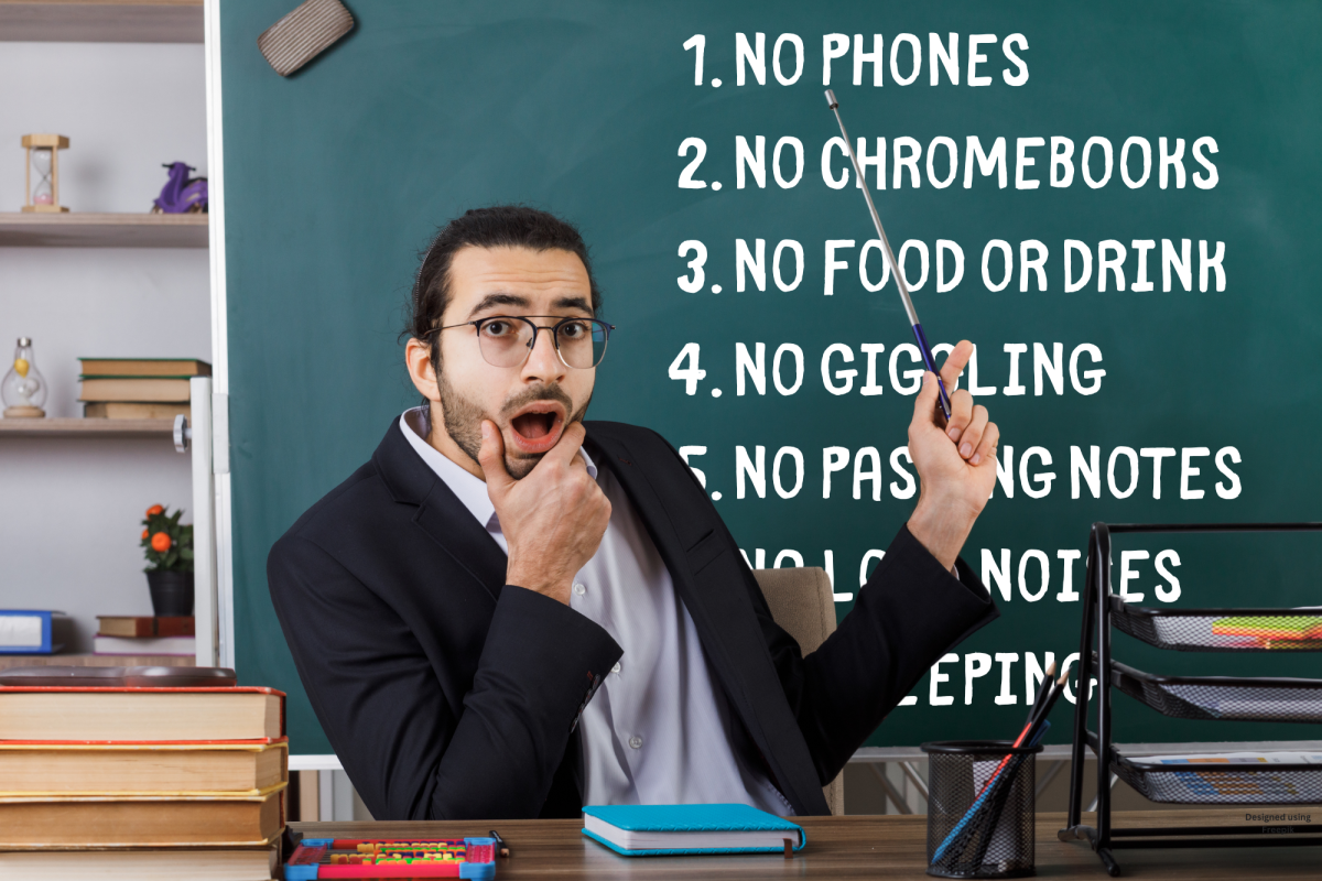 A fictional Niles North teacher points to the school’s new in-class rules.