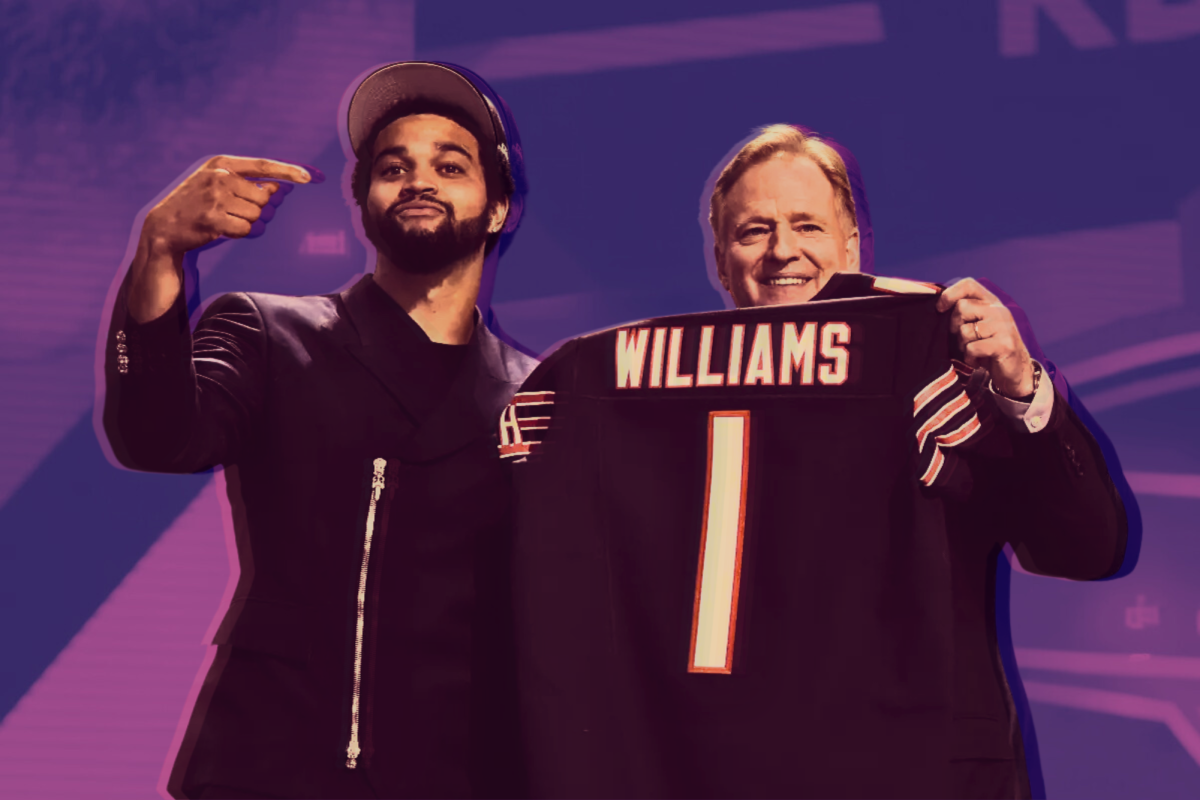 Caleb Williams stands alongside NFL Commissioner Roger Goodell after being drafted #1 overall by the Chicago Bears earlier this year.