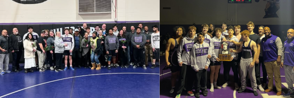 On the left, senior wrestlers celebrate their accomplishments with their families.  

On the right, wrestlers celebrate their win against Niles West. (North Athletic Instagram)