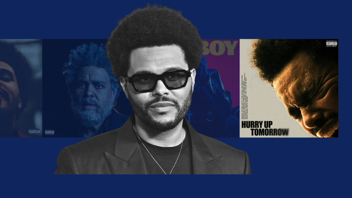 Three of the Weeknd's most popular albums are pictured in the background, with the artist in the foreground. On the right is pictured his most recent album, Hurry Up Tomorrow.