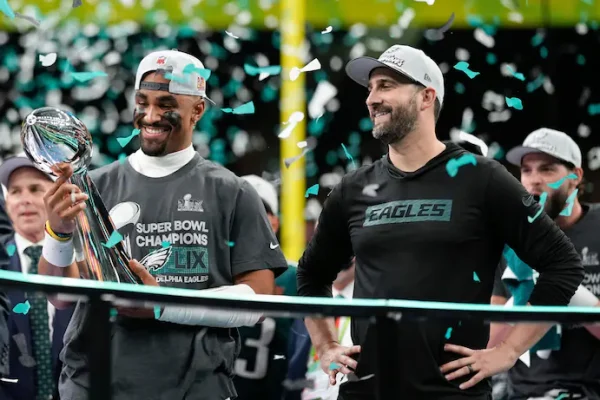 Super Bowl MVP Jalen Hurts and Head Coach Nick Sirianni celebrating their Super Bowl 59 victory