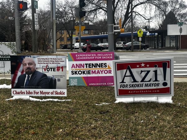 Signs promoting village mayoral candidates stand at the corner of Church Street and Kenton Avenue. 