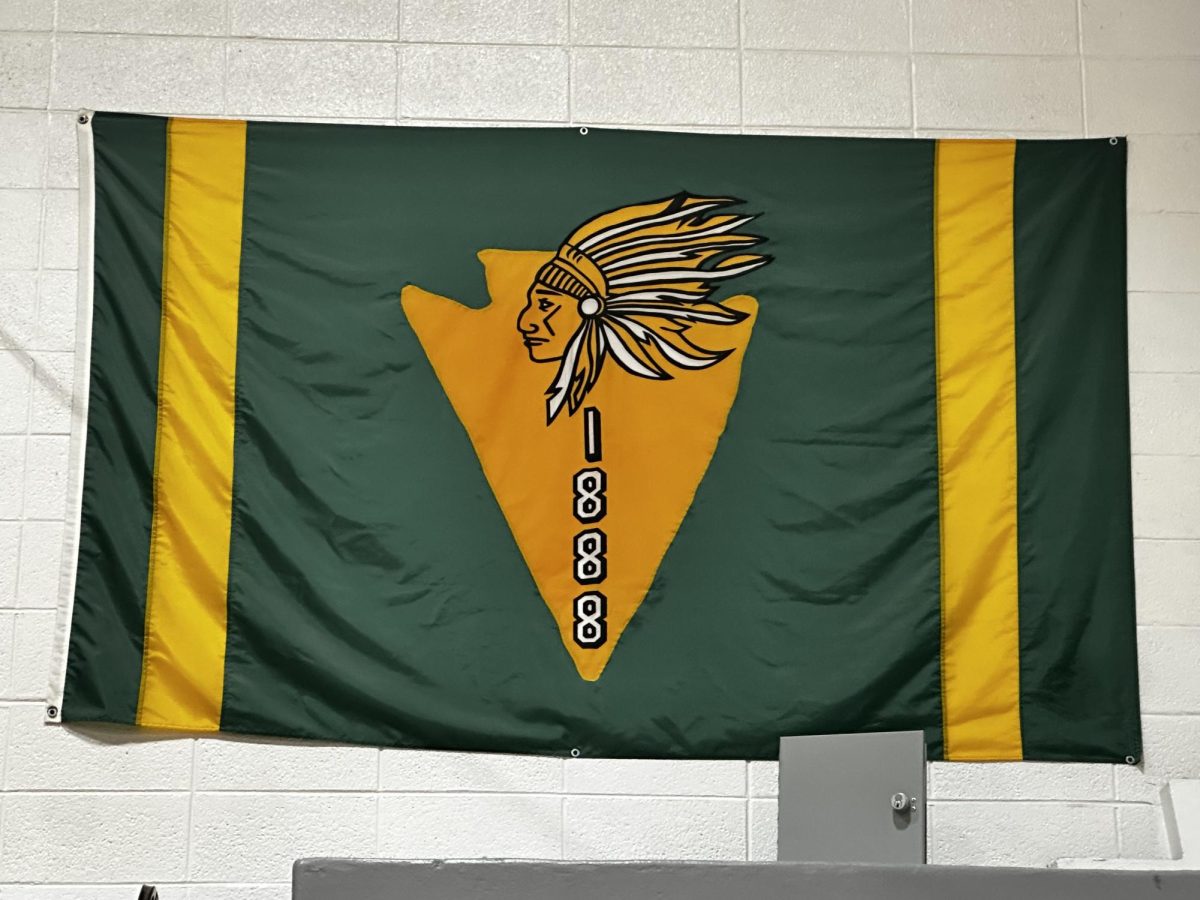 The flag for the Village of Skokie hangs on a wall in the Niles North Main Gym, destined to be redesigned and replaced.