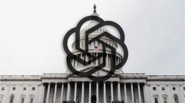A graphic depicting OpenAI's logo overlaid on a photo of the Capitol building.