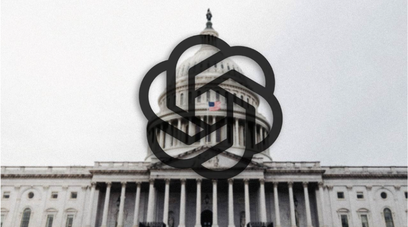 A graphic depicting OpenAI's logo overlaid on a photo of the Capitol building.